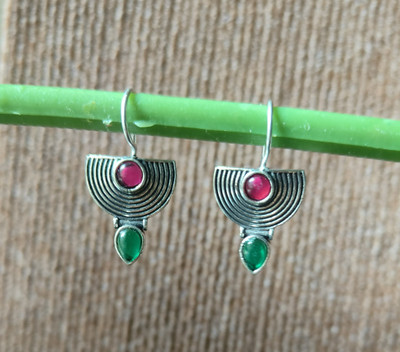 Anaika Oxidised silver boho drop earring with red &green stone Emerald Brass Drops & Danglers
