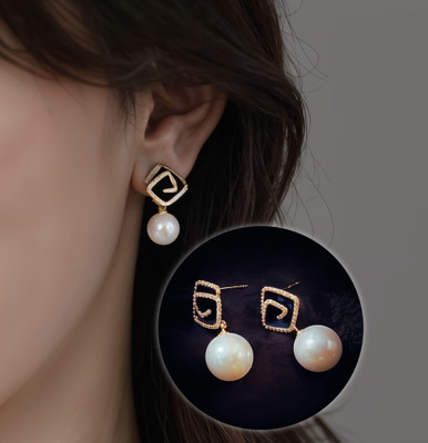 RAPPERSSHOP Korean Stylish Black Square Pearl Stone Drop Earrings for Women and Girls Cubic Zirconia Alloy, Brass Earring Set, Drops & Danglers, Stud Earring, Earring Set