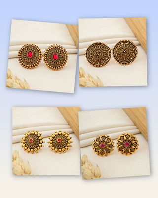 bellybiz Antique Gold Floral Ruby Stone & Diamond Stud Crystal Brass Earrings Crystal, Diamond Brass Stud Earring