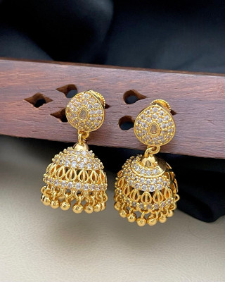 PBM CREATIONS GOLD PLATED AD STONE WEDDING JHUMKI / PEARL STUD / KUNDAN BEADS EARRING Copper Drops & Danglers, Jhumki Earring