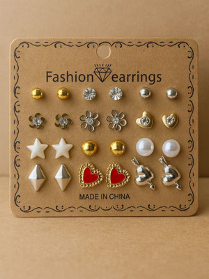 LYRISS set of 12 stud earrings for women's and girl's Beads Stainless Steel Earring Set
