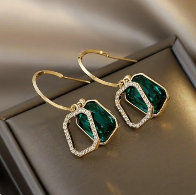 vien Charming Emerald Crystal Square Earrings for Women's Diamond Earhook Earring Emerald Stainless Steel Drops & Danglers