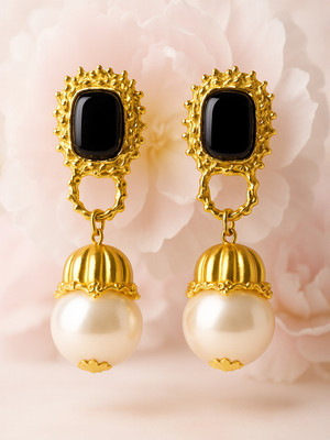 RUBANS Rubans 18K Gold-Plated Black & Pearl Beaded Drop Earrings Pearl Brass Drops & Danglers