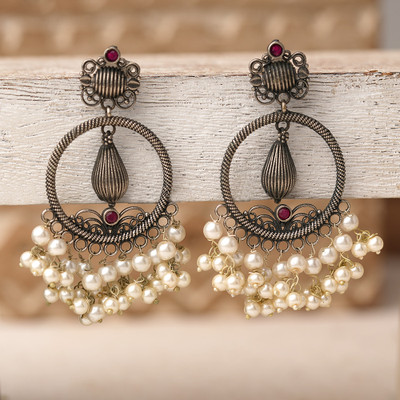 Sanseeta Ghoomar- Silver Brass Pearl dangler earrings(Red) Zircon Brass Drops & Danglers