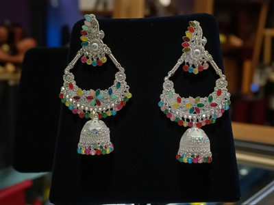 ASSCHI Traditional Multicolor Oxidized Silver Jhumka Earrings for Women & Girls Crystal Alloy Jhumki Earring