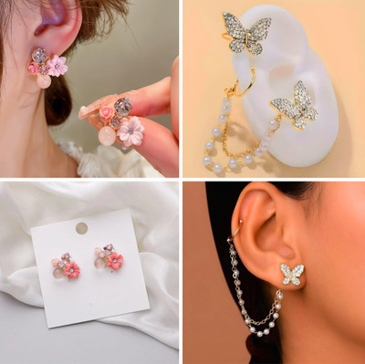 kurm shop ESRING Wonderful Earrings & Studs Combo | Butterfly Gold Pearl Chain Ear Cubic Zirconia Alloy, Brass Earring Set, Stud Earring