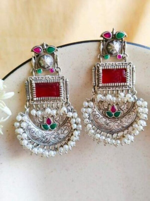 DANGAR ENTERPRISE Traditional Oxidised Silver Jhumka Earrings with Pearl Drops Floral Design Alloy Drops & Danglers