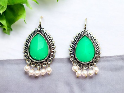 ARearring Trendy Silver-Plated Green Drop Earrings with Pearl Beads for Women & Girls Beads, Pearl Alloy Drops & Danglers