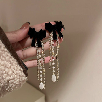 LITTLE JEWELS Velvet Black Bow Elegance Pearl Dangle Earrings Stainless Steel Drops & Danglers