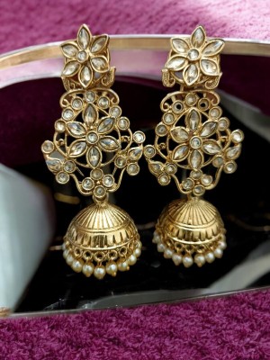 Deva Creation Gold Plated Traditional Kundan Studded Floral Design Pearl Jhumki Earrings Alloy Drops & Danglers, Jhumki Earring