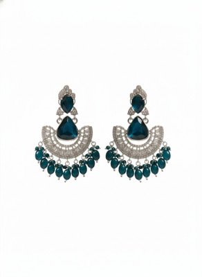 METROKARRT Elegant Silver & Teal Beaded Lehenga & Kurti Earrings Cubic Zirconia Alloy Jhumki Earring