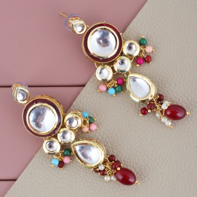 Lucky Jewellery Traditional Gold Plated Kundan Stone Multi Earrings for Girls & Women Beads Alloy Drops & Danglers