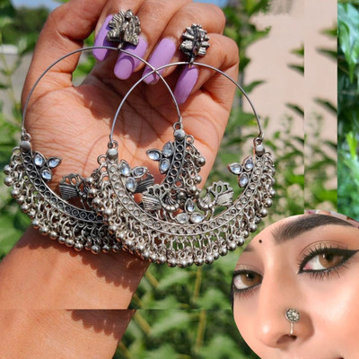 ISLANA Oxidised silver chandbaliya jhumki Earrings for women and girls with nosepin Alloy Chandbali Earring