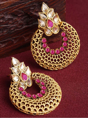 Rhosyn Gold Plated Ruby Kundan Studded Meenakari Touch Beads Drop Chandbali Earrings Cubic Zirconia Brass Chandbali Earring