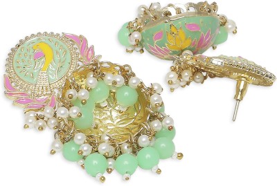 fabula Mint Green & Pink Jhumka Earrings - Peacock Meenakari Design Pearl, Mother of Pearl Alloy Jhumki Earring