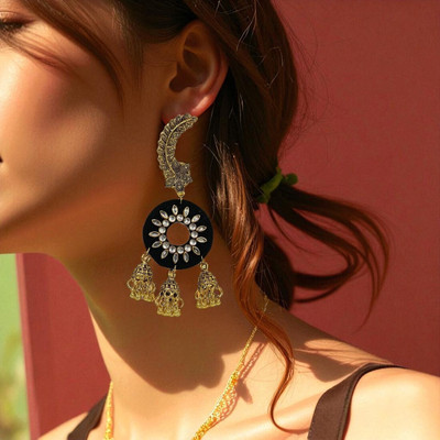 Ruma Luxe MDF & Fabric Earrings Set for Women- Green & Golden Wood Earring Set