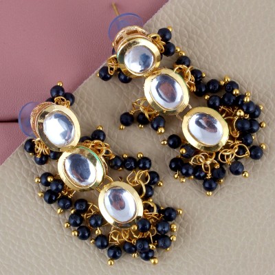 Lucky Jewellery Traditional Back Meenkari Gold Plated uncut kundan Black Earrings Beads Alloy Drops & Danglers