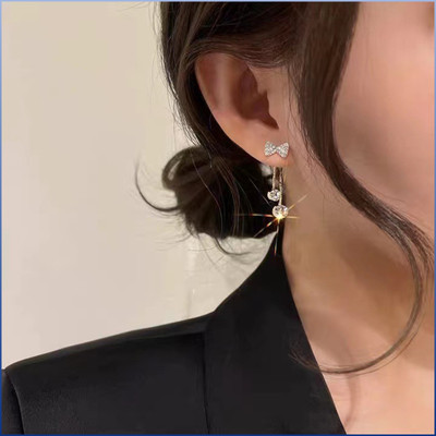 Nehdal Korean Studded Bow Shiny Tassels Drop Earrings For Women/Girls Cubic Zirconia Alloy Drops & Danglers