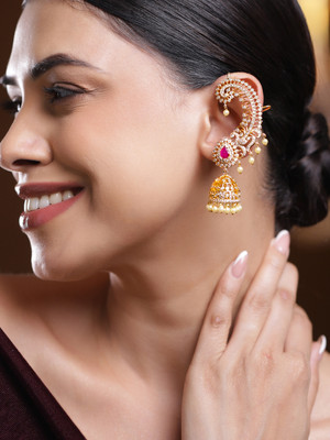 RUBANS 22K Gold-Plated Ruby Pink AD & White CZStudded Ear-Cuff Jhumka Earring Brass Jhumki Earring