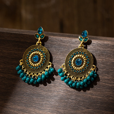 Dhrti Bling Antique Gold Chandelier Earrings, Turquoise Blue Crystal Beads Alloy Stud Earring, Drops & Danglers, Chandbali Earring, Jhumki Earring