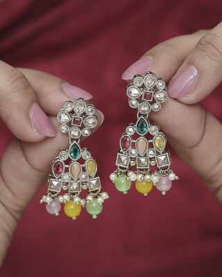 Saloni Fashion Jewellery Beautiful Pear and Round Shape Gold Plated Multi Kundan Stone Dangle Earring Cubic Zirconia Alloy Drops & Danglers