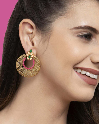 Dreamish Imitation Gold Plated Golden Kundan Studded Meenakari Touch Beads Drop Chandbali Earrings Cubic Zirconia Alloy, Brass Chandbali Earring
