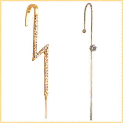 TheVineGirl Pack Of 2 Golden Studded Thunderbolt And Stud Ear Cuff Cubic Zirconia Alloy Cuff Earring