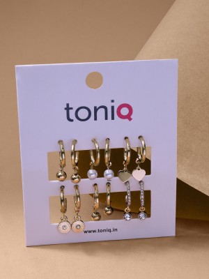 TONIQ Toniq Gold Plated Pearl Heart Shape Set Of 6 Drop Hoop Earrings for Women Alloy Hoop Earring