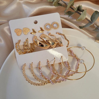 Vembley Fancy Heart Golden Butterfly Hoop Earrings For Females Combo of 9 Pearl Alloy Hoop Earring