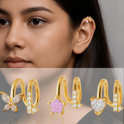 THANU'S CRAFT 3Pcs 18K Gold Plated White Stone Non Piercing Left Ear Cuff Gold Cuff Earring