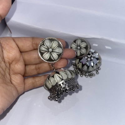 KARNIKA Stylish Marble & Mirror Work Floral Jhumka Earrings Set For Girls, Womens Unique Alloy, Brass, Glass, Stone Jhumki Earring