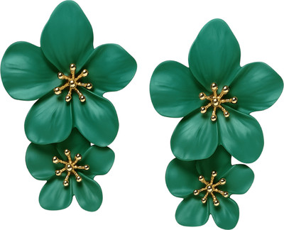 FOGGMART Green Flower Earrings for Girls & Women, Long Drop Rust-Free Push Back Closure Alloy, Stainless Steel Drops & Danglers