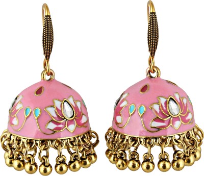 Lucky Jewellery Designer Antique Gold Plated Pink Meenakari Jhumki Pack of 1 (275-CHJM1-1147-PK) Copper Jhumki Earring