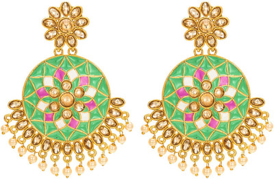 AADITA Stylish Trendy Latest Designer Gold Plated Meenakari Diamond, Pearl Alloy Chandbali Earring