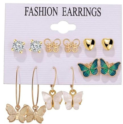 ANNA Gold Plated Stud Hoop Earrings Set Of 6 Pair for Women and Girls (Style-1) Gold Cuff Earring