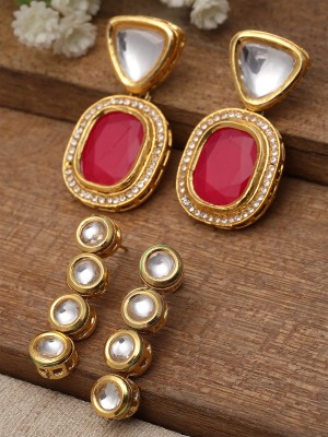 Karatcart Red and Gold Set of 2 Polki Kundan Drop Earrings for Women Alloy Drops & Danglers