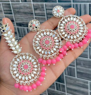jalaram mirror crystal earrings and mangtikka Alloy Chandbali Earring, Clip-on Earring