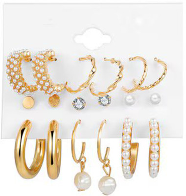 polluxcraft Combo 9 Pair Stunning White Gold Plated Pearl Alloy Ear Thread