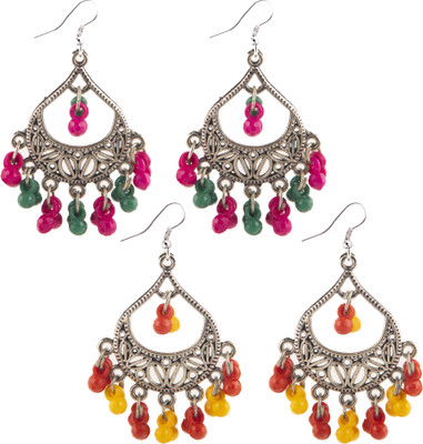 Jamleen Gallery Tribal Dangler Earrings Combo – Pink-Green & Orange-Yellow Sets Alloy Jhumki Earring