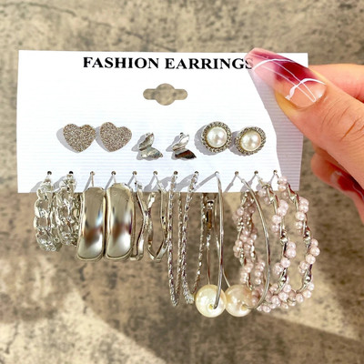Whipcord Combo of 9 Pair Silver Plated Butterfly Heart Stud and Chain Pearl Hoop Earrings Alloy Earring Set