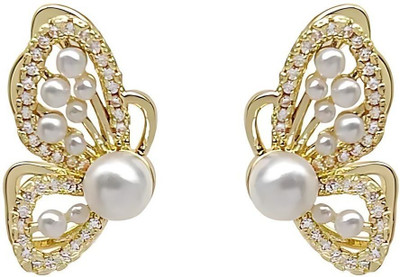 Fashion Fusion Gold Plated With AD Stone Pearl Beads Butterfly Stud Earrings for Women Pearl, Cubic Zirconia Alloy Stud Earring