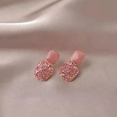 PIXFLIK Pink Square Crystal Rhinestone Elegant Diamond Earrings Alloy Stud Earring