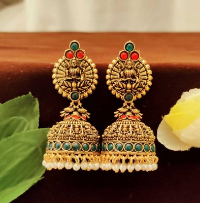 Nax Laxmi Devi in Circle Design A Pair of Oxodised Earrings for Festive-Multicolour Pearl Brass Earring Set