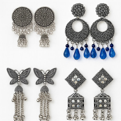 SURBHU CREATIONS Oxidised Silver Combo Earrings Set of 4 Alloy, German Silver Earring Set
