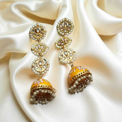SNAPCHOICE Royal Yellow Meenakari Kundan Pearl Long Jhumka Earrings for Women & Girls Brass Jhumki Earring