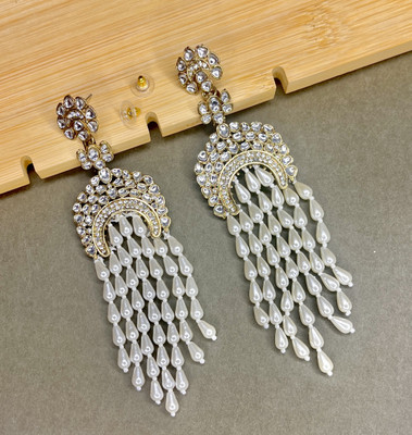 MONKDECOR Designer Kundan & Pearl Long Dangler Earrings for Women Alloy Drops & Danglers