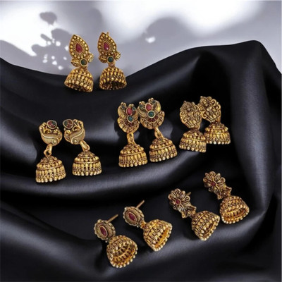 Vigilantee Jewels Antique Temple Jhumki combo set of 6 traditional gold plated alloy minimal Cubic Zirconia, Pearl, Beads Alloy Chandbali Earring, Drops & Danglers, Earring Set, Jhumki Earring