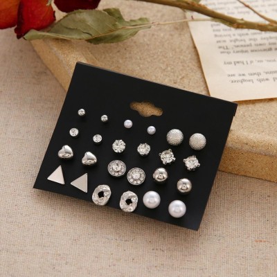 Fashion Frill Combo of 12 Earrings for Girls and Women Silver Plated Stone Studded Pearl Alloy Earring Set