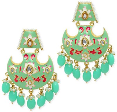 fabula Mint Green Meenakari Enamel with Kundan and Pearls Ethnic Chandbali Beads, Crystal Alloy Chandbali Earring