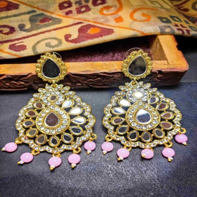 Amika Handcrafted Gold Plated & Pink Beaded Mirror Worked Ethnic For Women/Girls Cubic Zirconia, White Zircon, Zircon, Pearl, Beads Metal Drops & Danglers